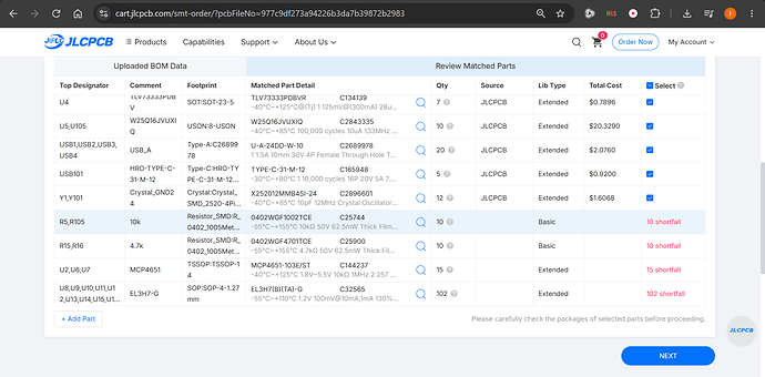 JLCPCB Screenshot for v7 Parts